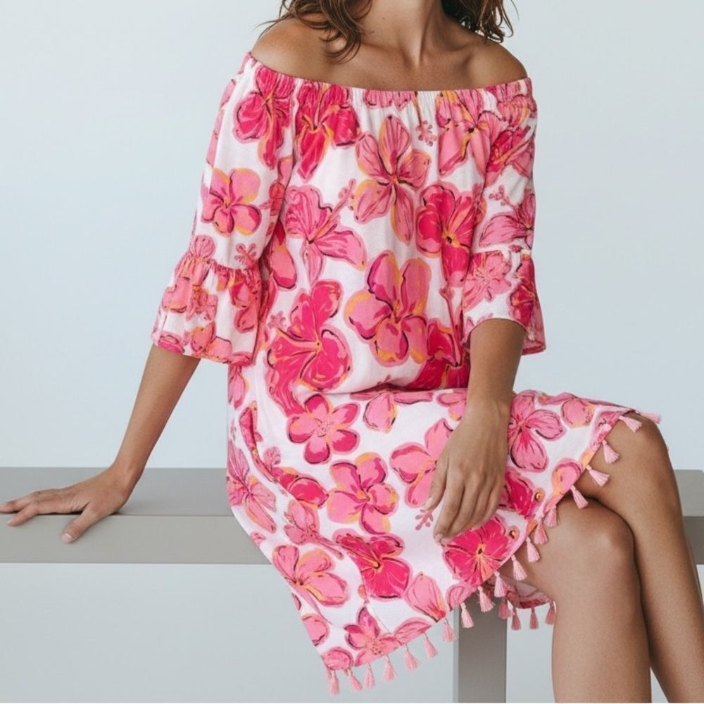 Simply Souther Floral Pink Off Shoulder Bell Sleeve Mini Dress in Size Small